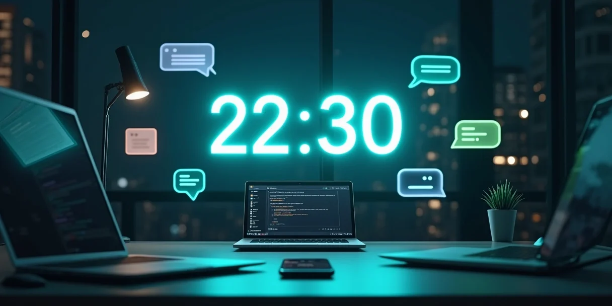 Relógio digital iluminando balões de mensagem automáticos em um escritório escuro