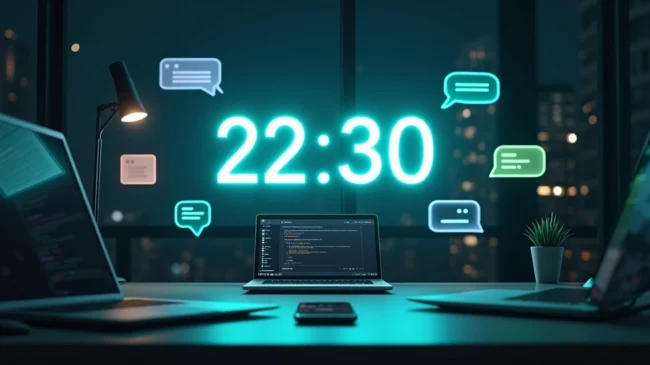 Relógio digital iluminando balões de mensagem automáticos em um escritório escuro