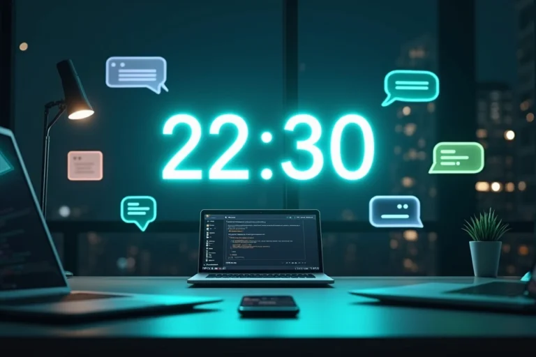 Relógio digital iluminando balões de mensagem automáticos em um escritório escuro