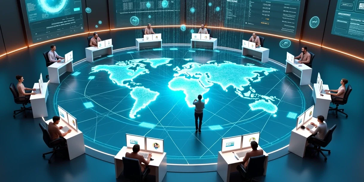 roteamento-automatico-atendimentos-598.webp Vista aérea de sala digital com ícones de clientes sendo roteados para atendentes diferentes