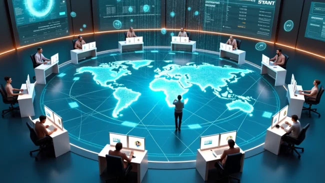 Vista aérea de sala digital com ícones de clientes sendo roteados para atendentes diferentes