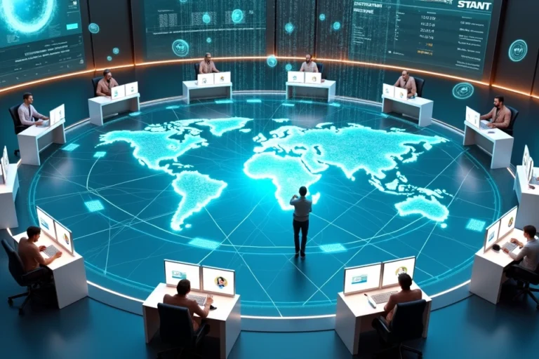 Vista aérea de sala digital com ícones de clientes sendo roteados para atendentes diferentes