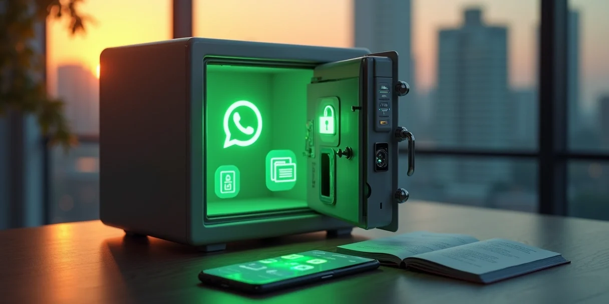 Sala moderna com cofre digital aberto exibindo ícones de mensagens e cadeado de segurança