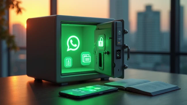 Sala moderna com cofre digital aberto exibindo ícones de mensagens e cadeado de segurança