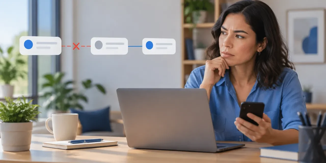 Empresária analisando no celular e no notebook uma integração de mensagens entre redes sociais