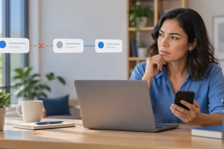 Empresária analisando no celular e no notebook uma integração de mensagens entre redes sociais