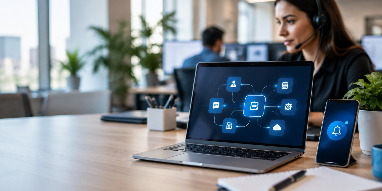 Equipe de atendimento usando computador e celular em um fluxo automatizado de comunicação entre sistemas.