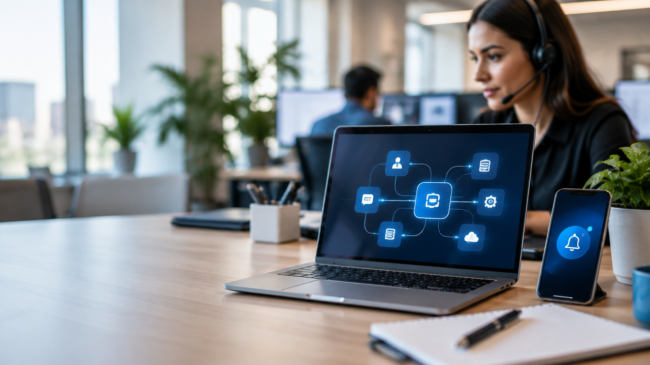 Equipe de atendimento usando computador e celular em um fluxo automatizado de comunicação entre sistemas.