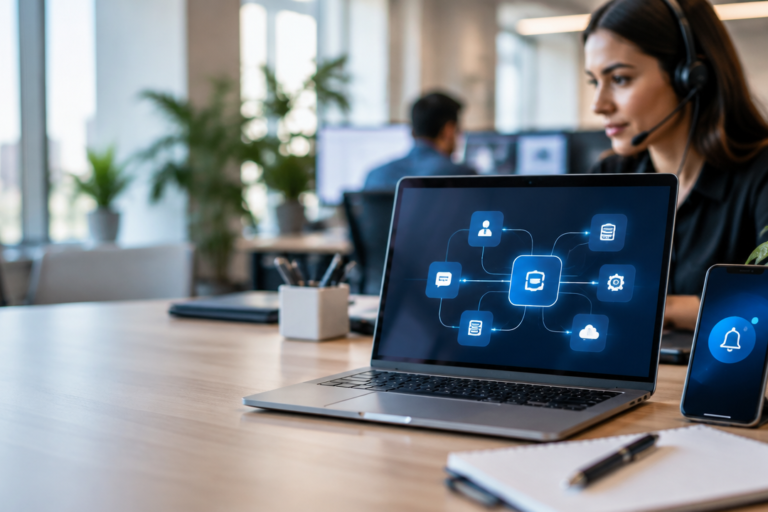 Equipe de atendimento usando computador e celular em um fluxo automatizado de comunicação entre sistemas.