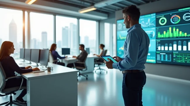 Gestor observa em telão painel com indicadores de tempo dos agentes de atendimento