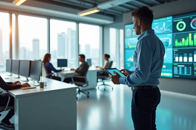 Gestor observa em telão painel com indicadores de tempo dos agentes de atendimento
