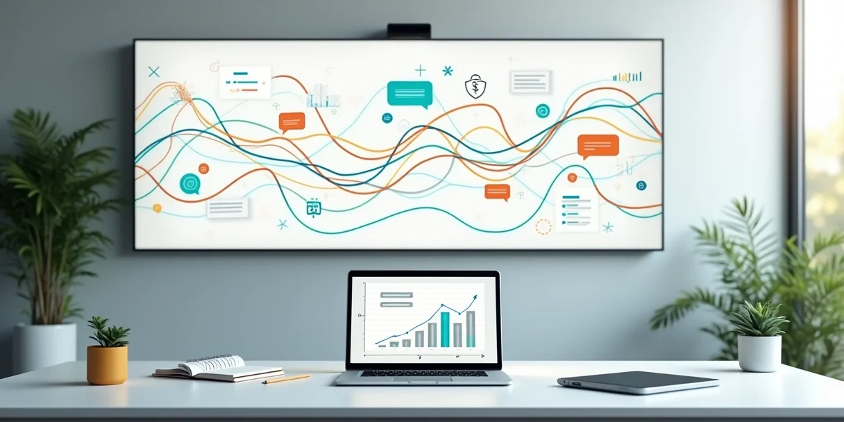 Mapa colorido da jornada do cliente em painel digital com conversas conectadas