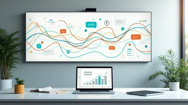 Mapa colorido da jornada do cliente em painel digital com conversas conectadas