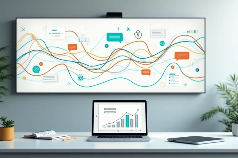 Mapa colorido da jornada do cliente em painel digital com conversas conectadas