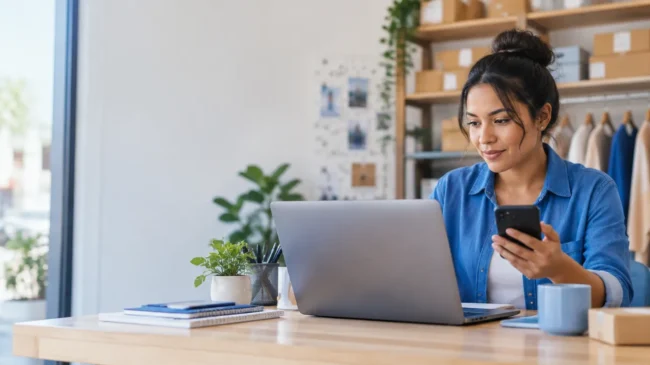 Pequena empreendedora organizando conversas de clientes com automação em notebook e smartphone