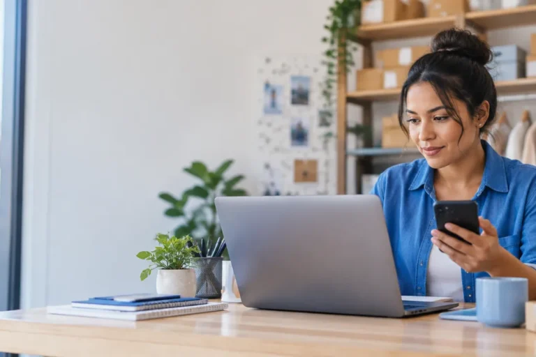 Pequena empreendedora organizando conversas de clientes com automação em notebook e smartphone