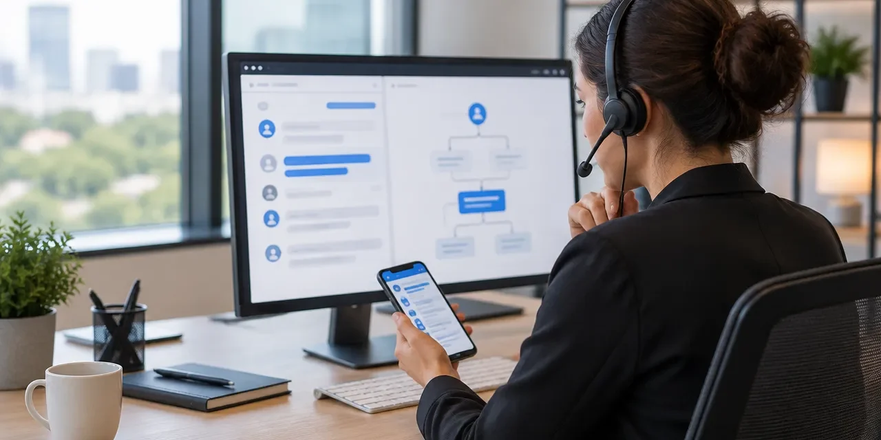 Profissional analisando conversas digitais e etapas da jornada do cliente em um monitor