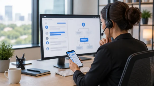 Profissional analisando conversas digitais e etapas da jornada do cliente em um monitor