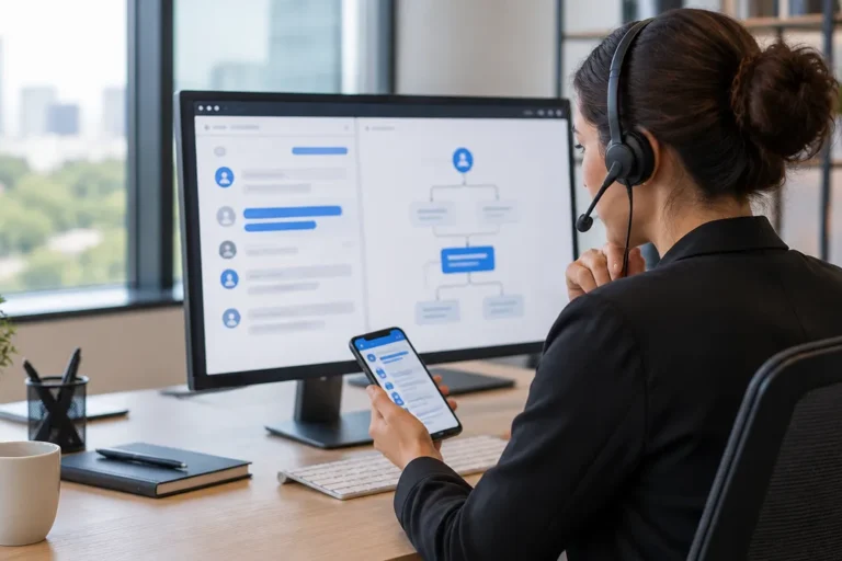 Profissional analisando conversas digitais e etapas da jornada do cliente em um monitor