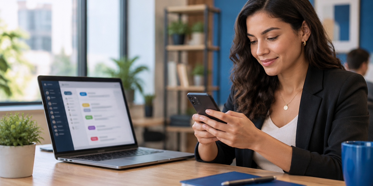 Profissional organiza conversas de clientes em categorias usando smartphone e notebook