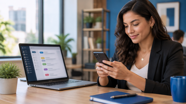 Profissional organiza conversas de clientes em categorias usando smartphone e notebook