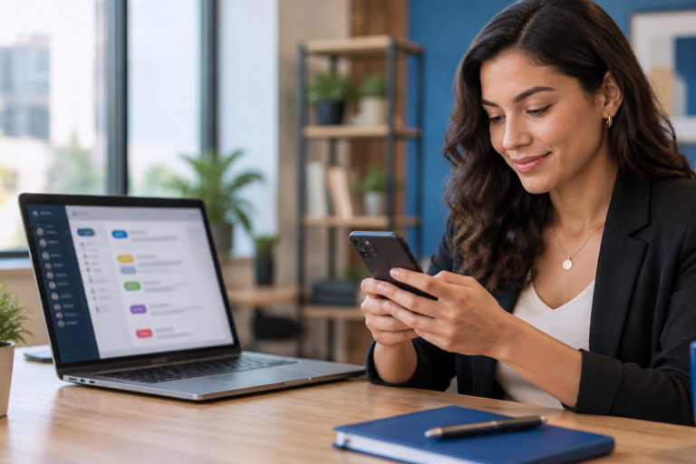 Profissional organiza conversas de clientes em categorias usando smartphone e notebook