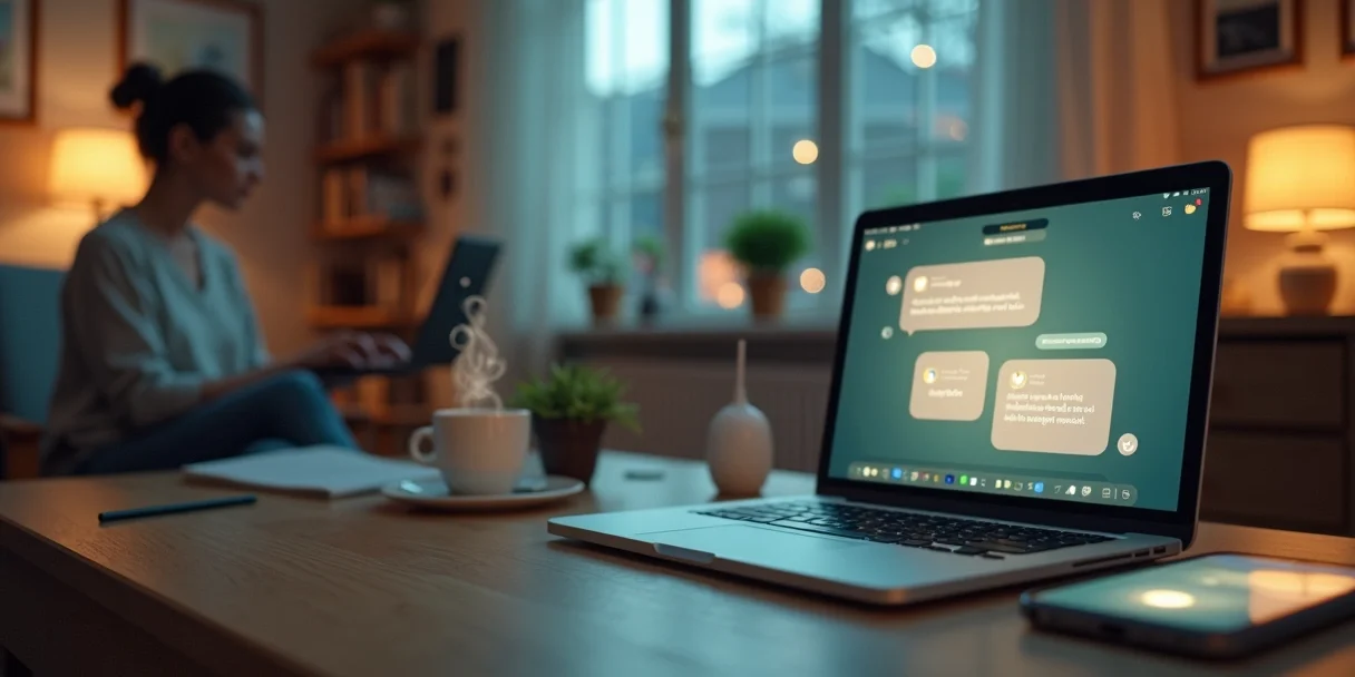Chatbot gentil conversando com cliente em ambiente aconchegante de atendimento digital