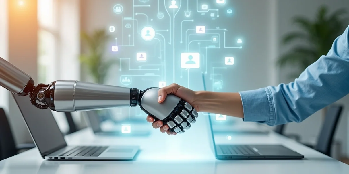 fluxo-automatizado-humano-653.webp Robô e atendente apertando as mãos diante de trilhas de mensagens