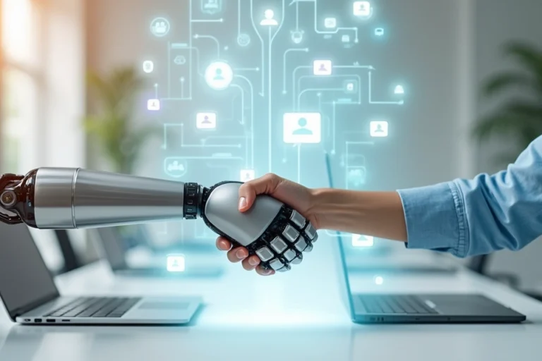 fluxo-automatizado-humano-653.webp Robô e atendente apertando as mãos diante de trilhas de mensagens
