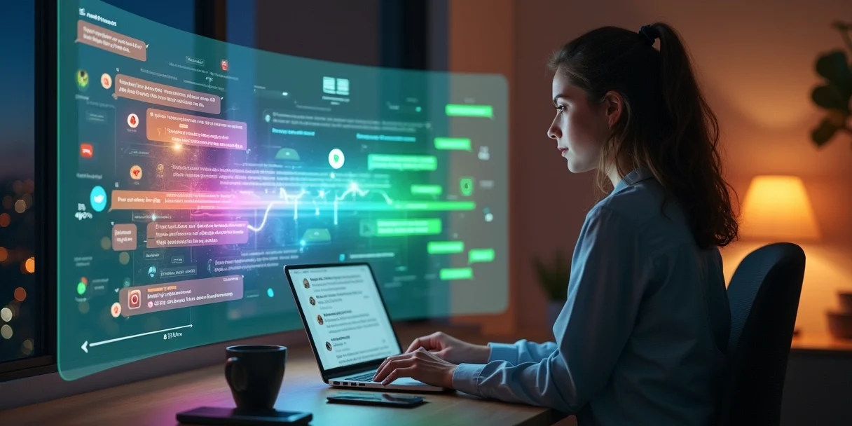 integracao-instagram-whatsapp-loja-online-915.webp Gestora analisando ponte luminosa de mensagens entre Instagram e WhatsApp em painel holográfico
