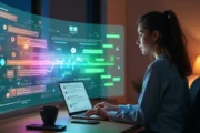 Gestora analisando ponte luminosa de mensagens entre Instagram e WhatsApp em painel holográfico